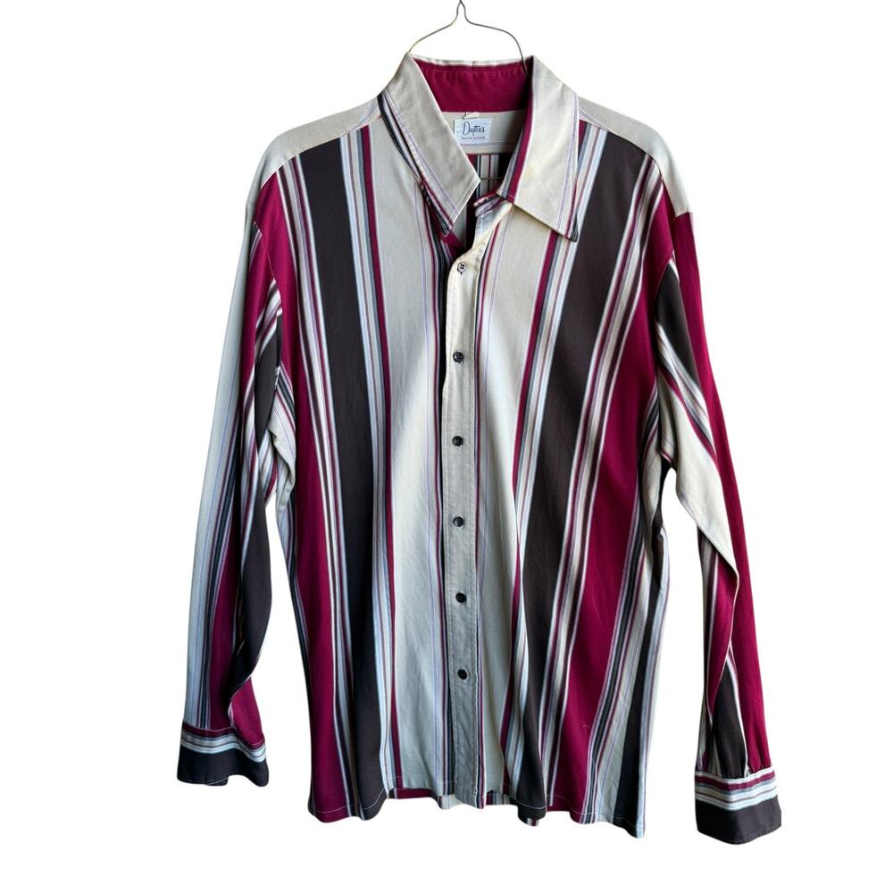 Vtg 70s Dayton’s Disco Shirt Men’s Red Gray Stripe Dagger Collar L USA 16-16.5